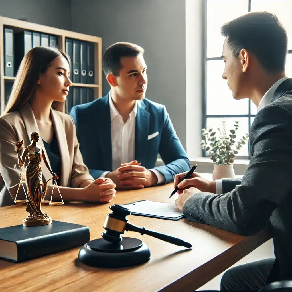 Cónyuges recibiendo orientación en oficina de abogado con artículo | Bucio Abogados