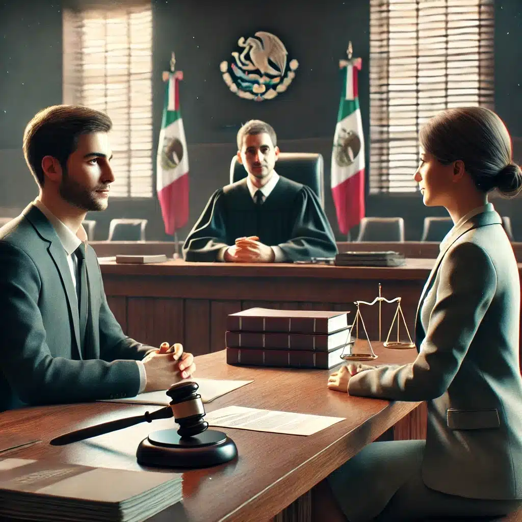 Pareja en audiencia de divorcio con juez atento | Bucio Abogados