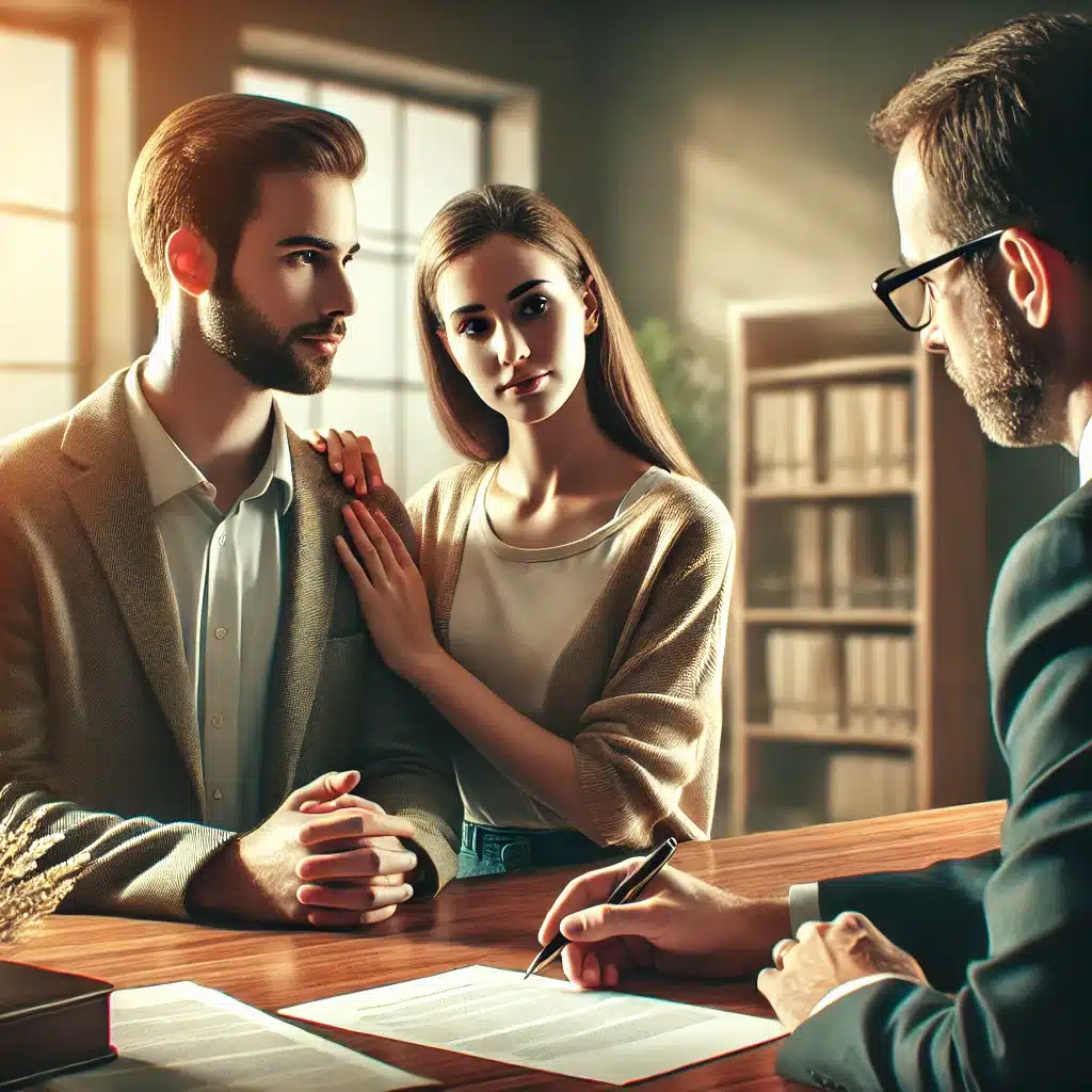 Pareja finalizando acuerdo de divorcio en oficina tranquila. Cónyuges con propiedad | Bucio Abogados