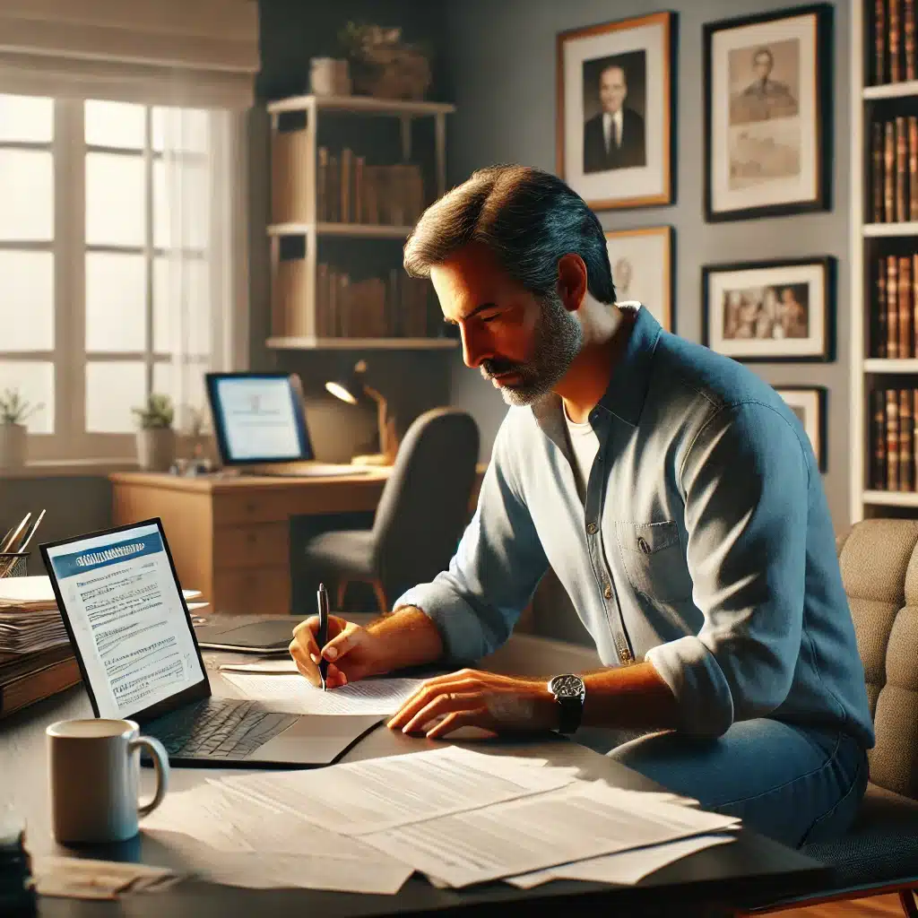 Hombre mexicano revisando documentos para solicitud de pensión | Bucio Abogados
