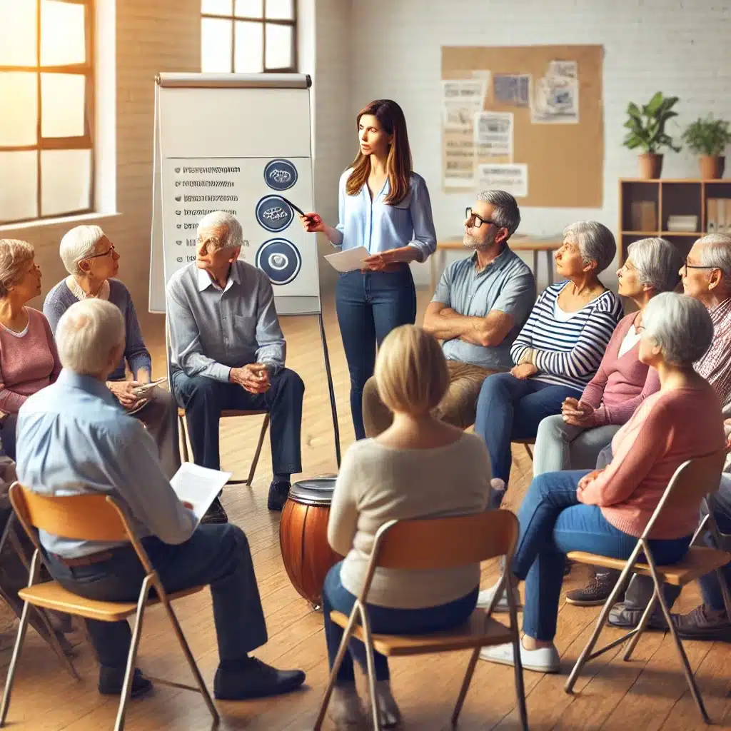Grupo de adultos mayores mexicanos en charla sobre pensiones | Bucio Abogados