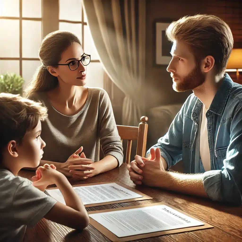 Familia conversando abiertamente alrededor de una mesa de comedor | Bucio Abogados