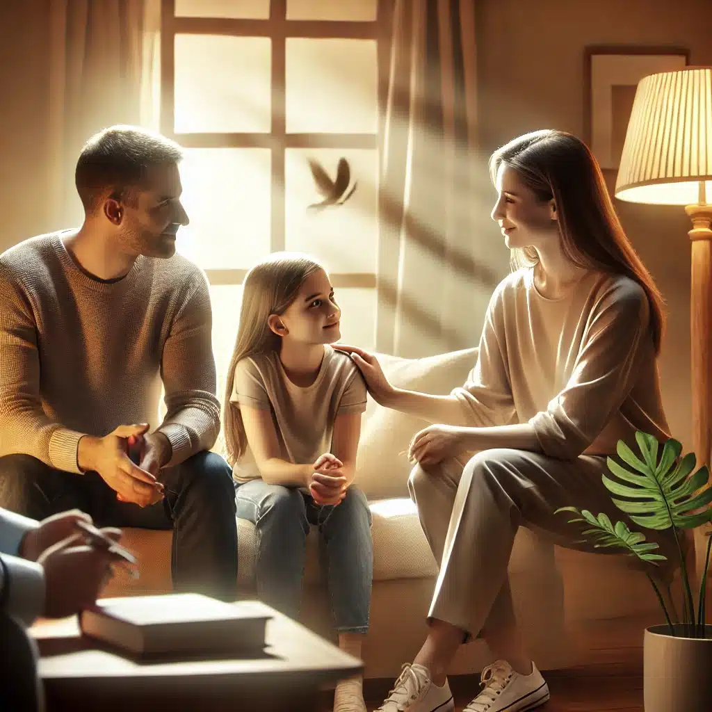 Familia conversando en sala acogedora mostrando empatía y apoyo | Bucio Abogados