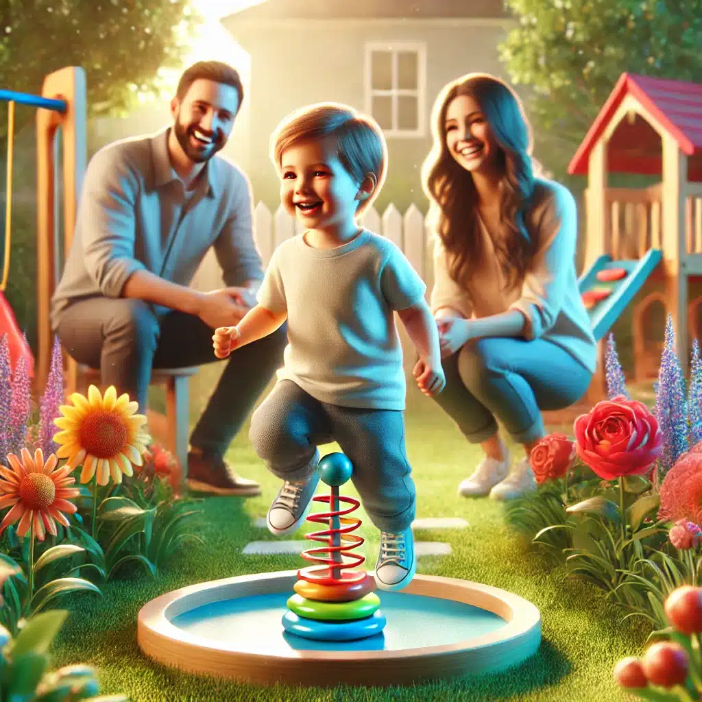 Niño feliz jugando en un jardín con sus padres cercanos | Bucio Abogados
