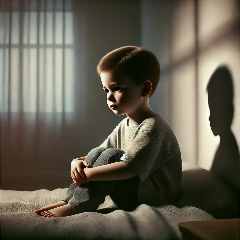 Niño sentado solo en una cama reflejando tristeza y confusión | Bucio Abogados