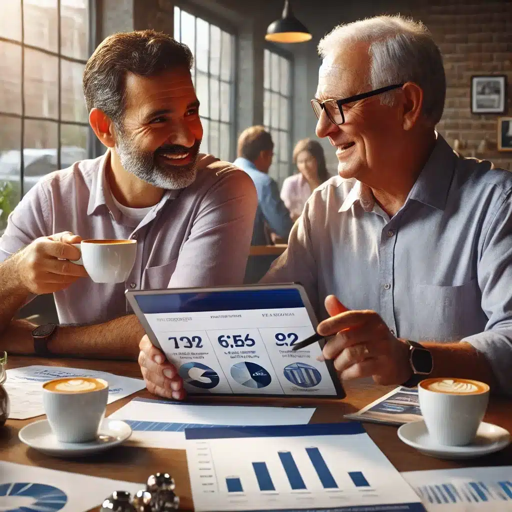Hombres mexicanos comparando planes de pensión en una cafetería | Bucio Abogados