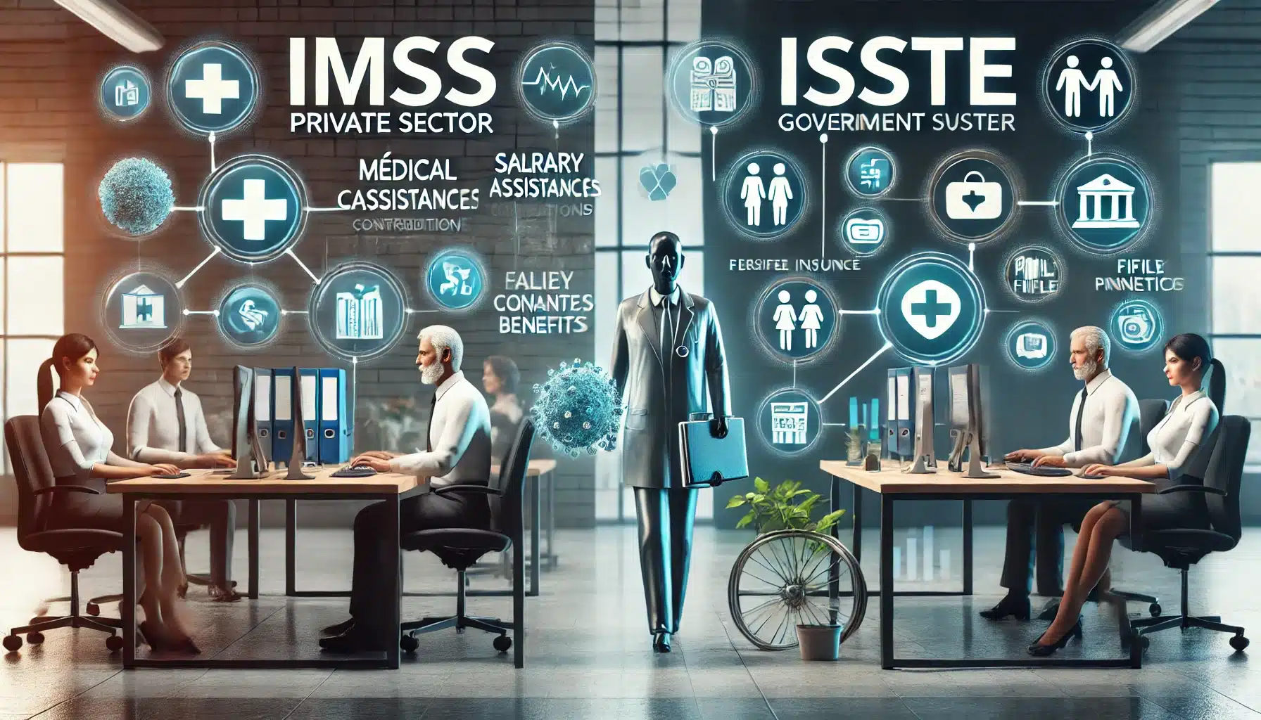 Trabajadores del IMSS y ISSSTE con símbolos de sus beneficios y criterios de elegibilidad. Compatibilidad de pensiones puedo recibir pensión del imss y del issste al mismo tiempo| Bucios Abogados