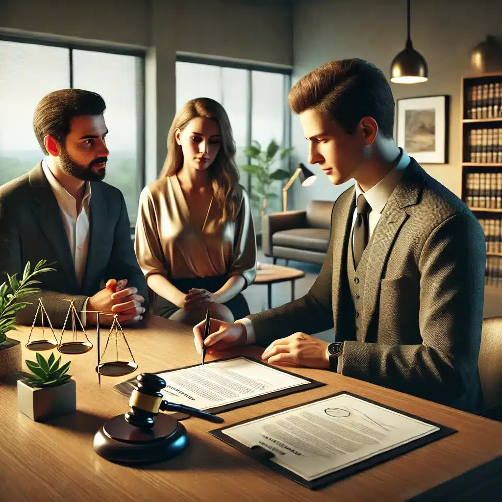 Pareja consultando abogado en oficina moderna | Bucio Abogados