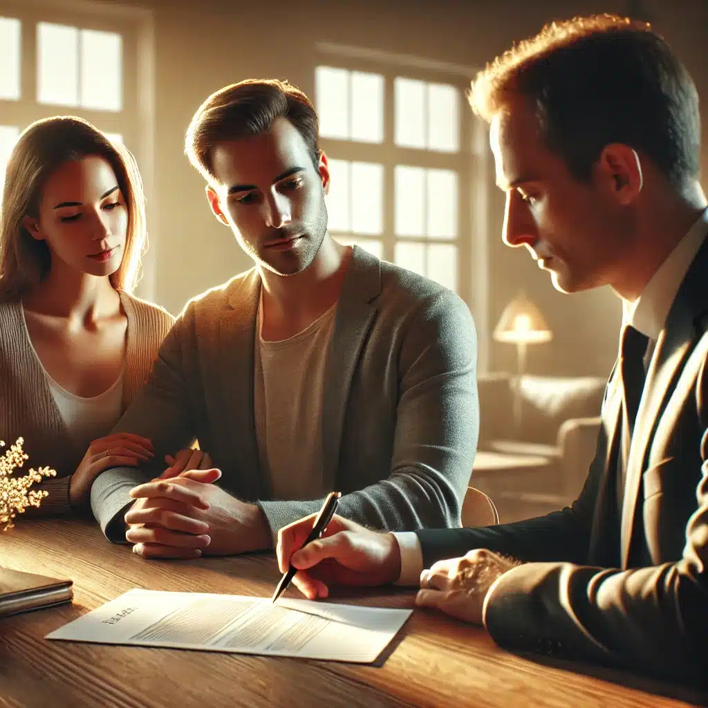 Pareja en conversación constructiva con abogado. Divorcio online en juzgado con convenio regulador | Bucio Abogados
