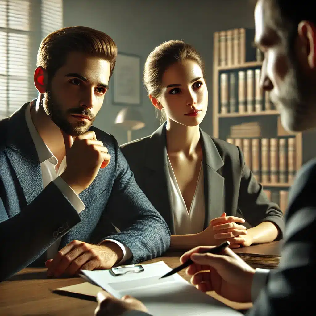Pareja revisando documentos legales con abogado | Bucio Abogados
